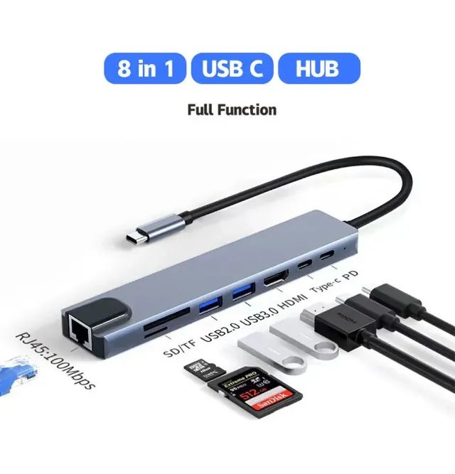 Adaptador Hub USB tipo C para laptop 8 em 1 HDMI 4K LAN leitor SD micro SD