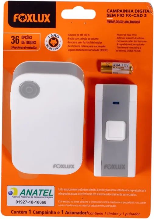CAMPAINHA DIGITAL SEM FIO BIVOLT BRANCA FX CAD 3 - FOXLUX