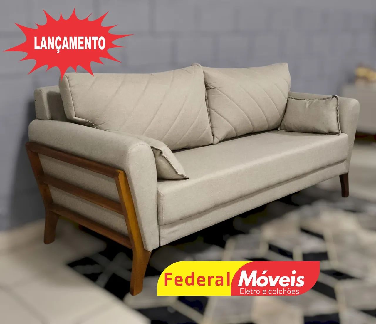 Sofá 1,95m Tecido Linho Pés Madeira Lançamento - Entregamos