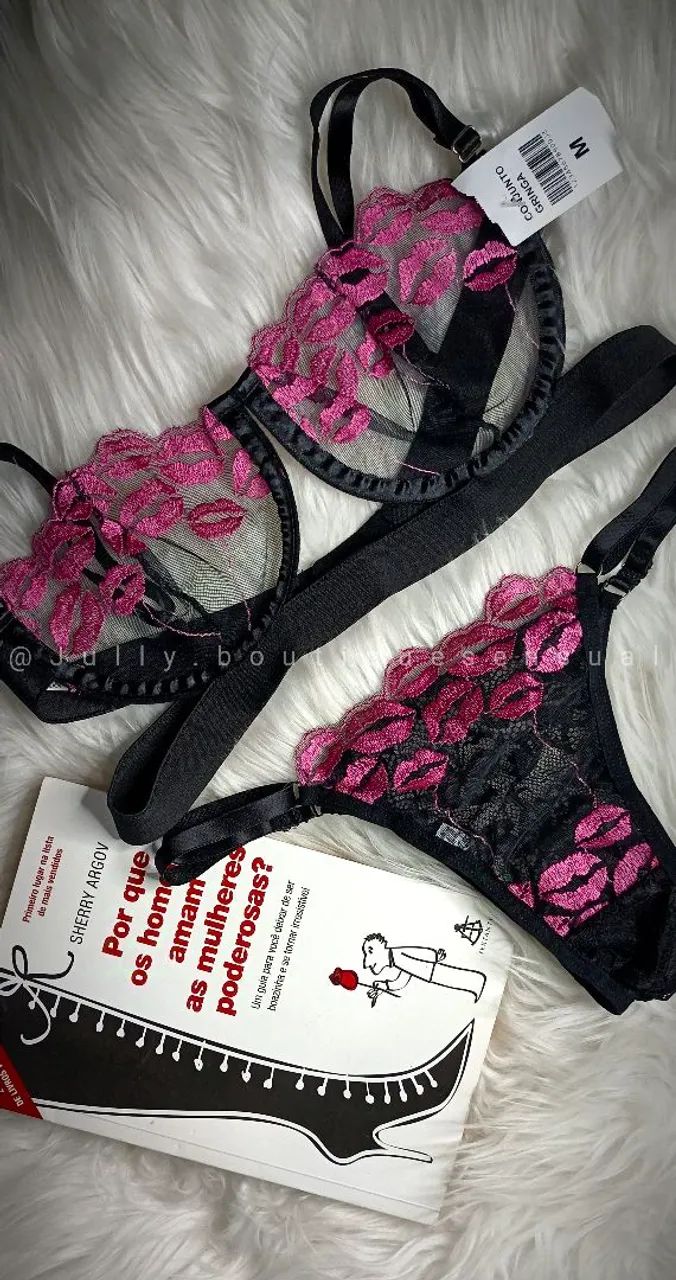Conjunto de lingerie Gringa beijo - renda preta e rosa