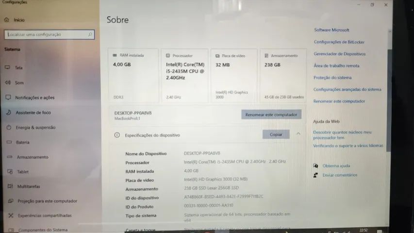 Macbook Pro A1278 Core i5 2435M Memoria 4Gb Ddr3 Ssd 240gb Windows