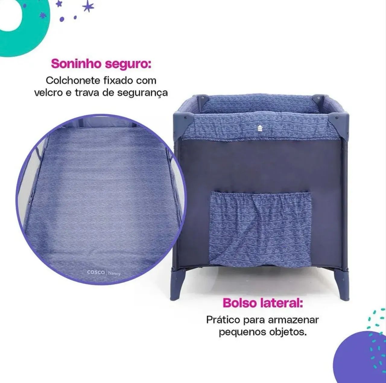 Berço Portátil Cosco Kids Nanny Azul com colchão de profundidade D18 - Foto 4