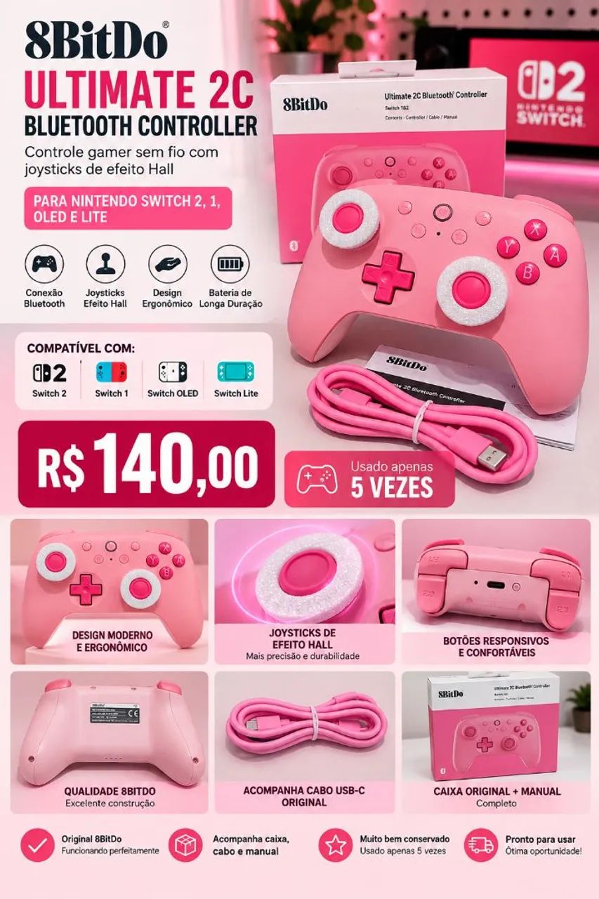 Controle 8BitDo Ultimate 2C Bluetooth - Rosa