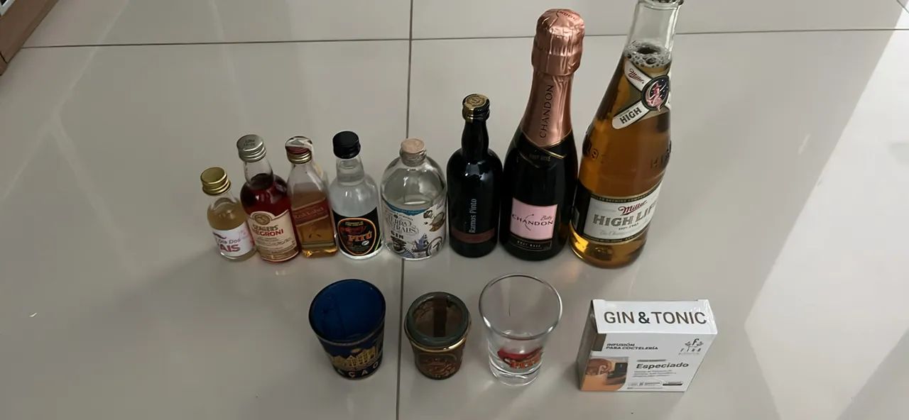 Kit Miniaturas de Bebidas Colecionáveis + Copos de Dose + Infusão Gin