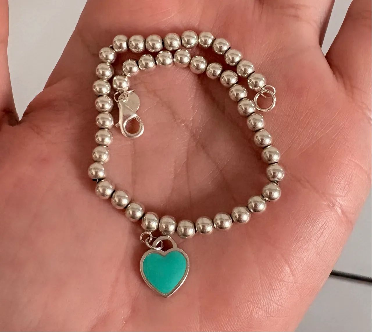 pulseira prata 925 de bolinhas com coração . 18cm
