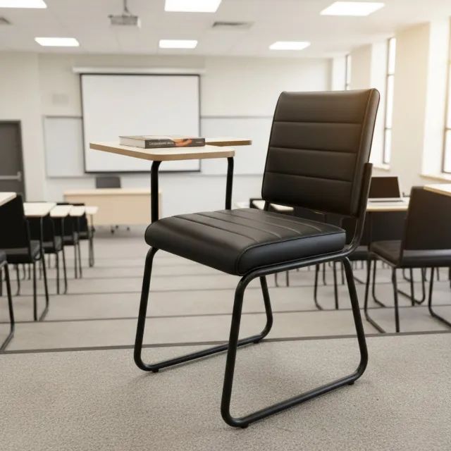 Poltrona Universitária Estofada Com Prancheta Fixa Corino Preto Reforçada 35121