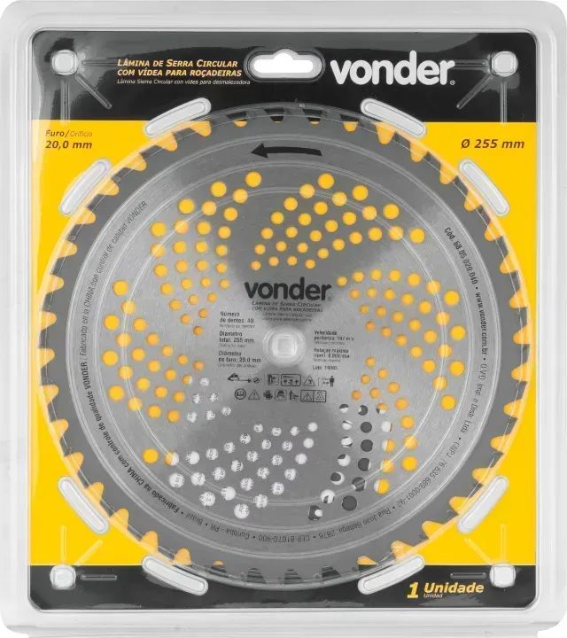 Lâmina circular com vídea, para roçadeiras, 255 mm x 20 mm, 40 dentes, VONDER