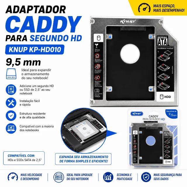 Adaptador Caddy para Segundo HD Knup KP-HD010 - 9,5 mm