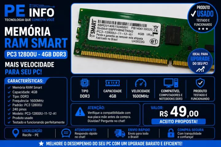 Memória RAM 4GB DDR3 1600MHz PC3 12800 Smart Testada