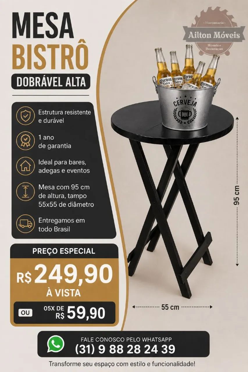 Mesa bistrô dobrável de madeira 