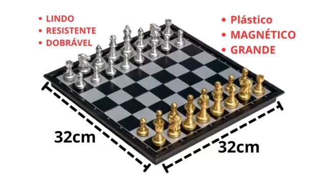 Jogo Xadrez Tabuleiro Luxo 32x32cm Dobrável Magnético C/ Imã
