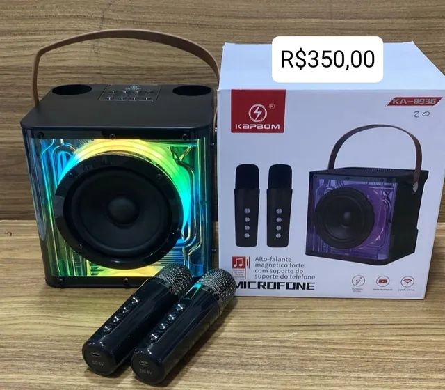 Caixa de som com 2 microfones karaokê 