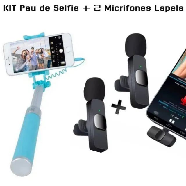 Kit 2UN Microfone Lapela S/Fio + Bastão Pau De Selfie 