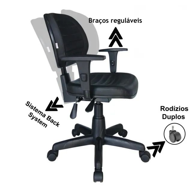 Cadeira Back System Executiva Costurada Preta Braços Reguláveis Ergonômica Modelo 31008 - Foto 2