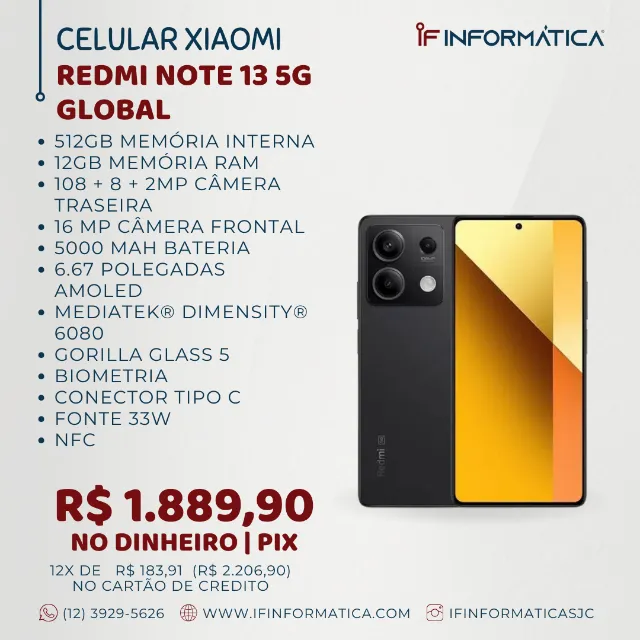 CELULAR XIAOMI REDMI NOTE 13 5G / 12GB RAM / 512GB / MEDIATEK DIMENSITY 6080 / NFC / GLOBA