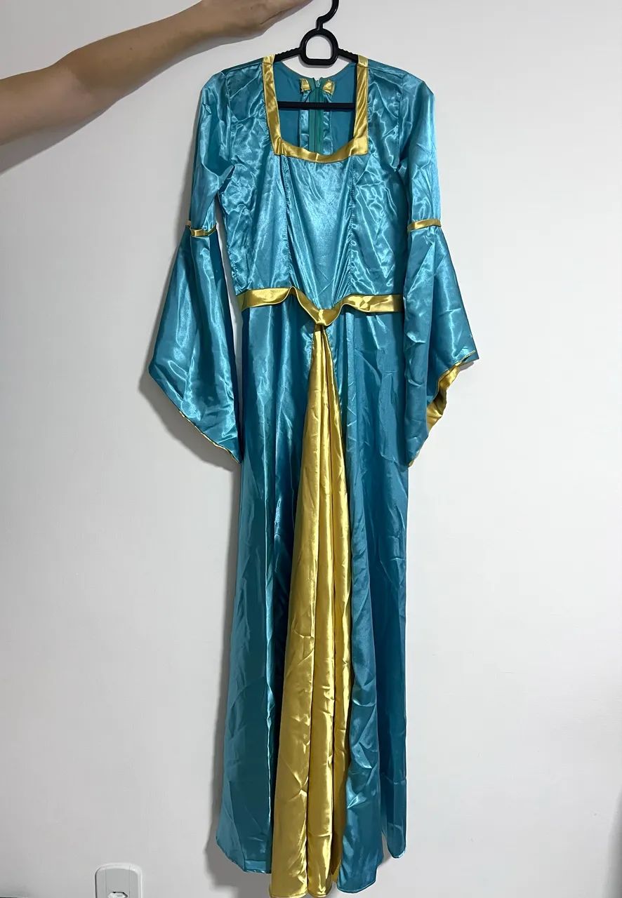 Vestido fantasia princesa cetim infantil PP verde água e dourado   - Foto 2