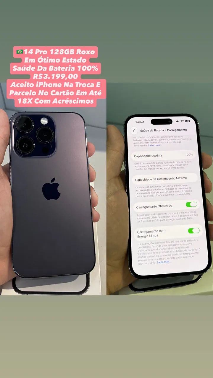 iPhone 14 Pro 128GB Roxo - Saúde Da Bateria 100% (Usado)