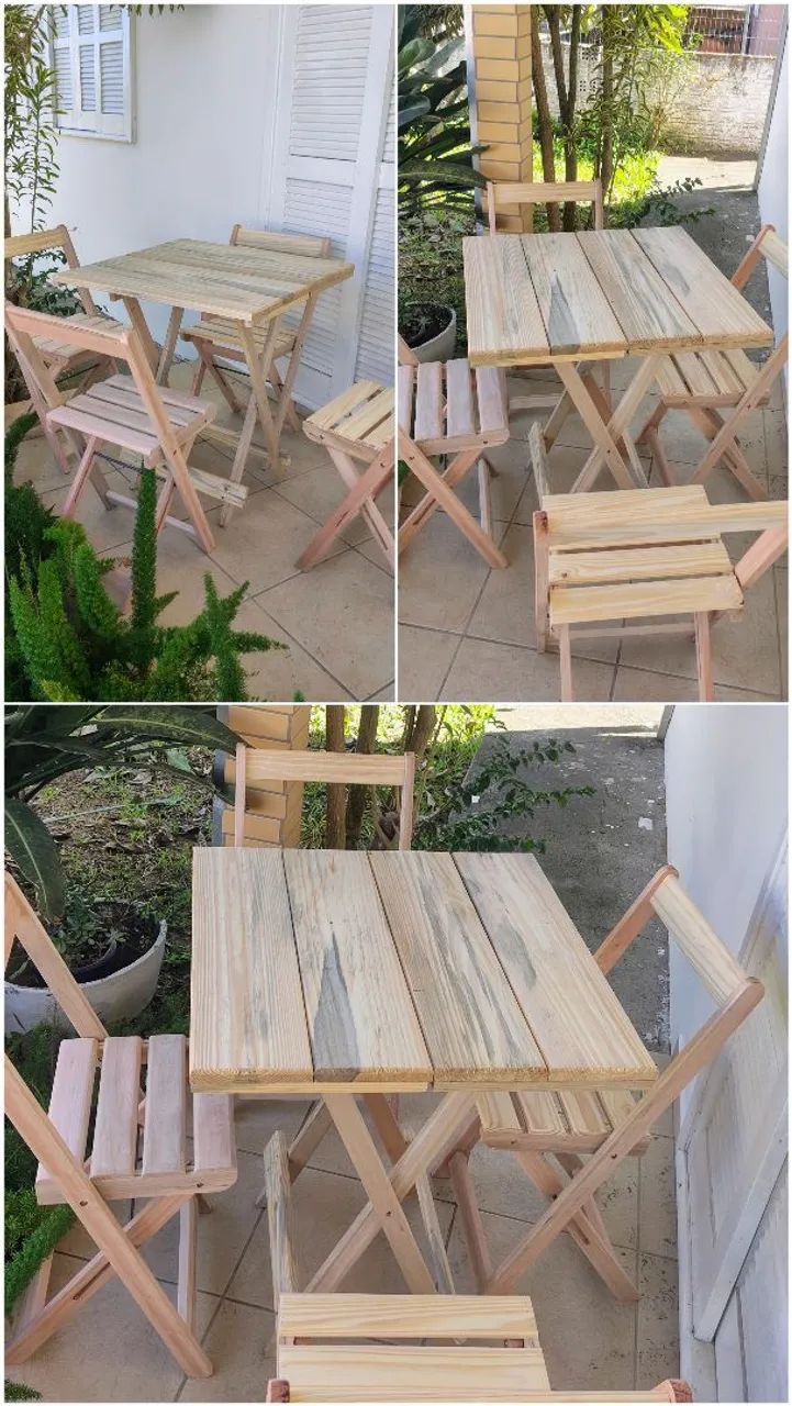 Conjunto madeira maciça sem verniz mesa 70x70 com 4 cadeiras dobráveis  - Foto 3