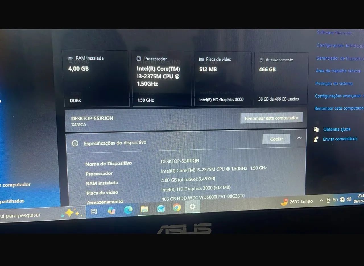 Notebook Asus i3 de segunda geração