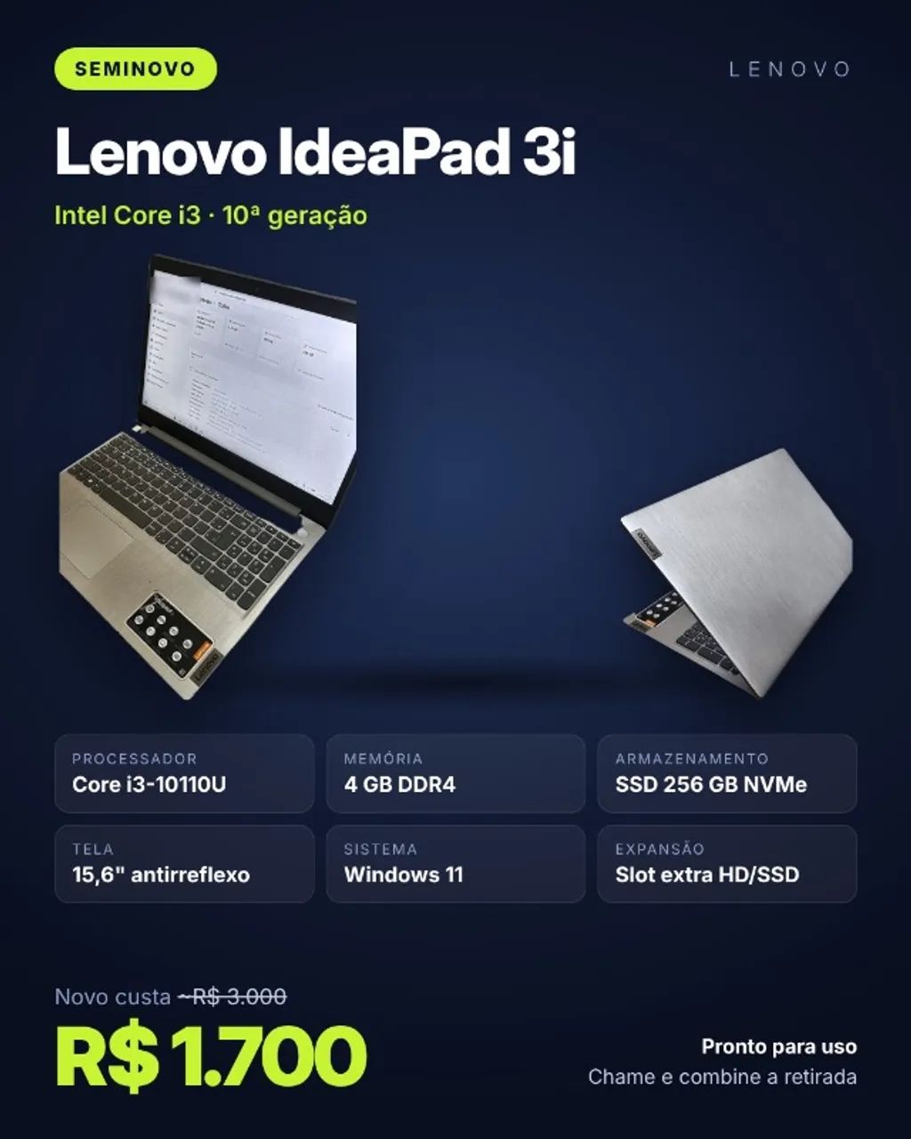 Notebook Lenovo IdeaPad 3i, prata