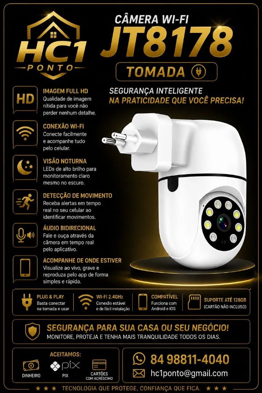 Câmera wi-fi interna conexão tomada 2 pinos 