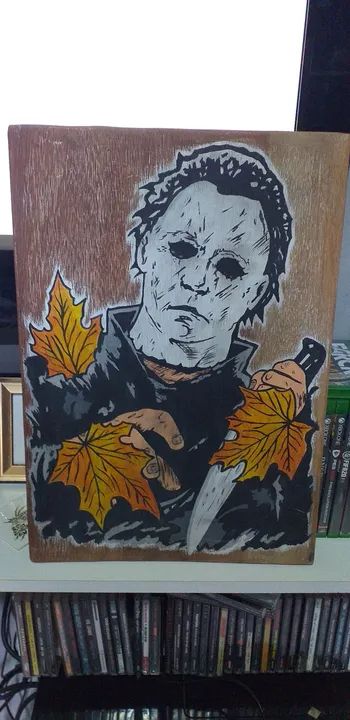 Quadro de madeira pintado a mão  Michael myers(30x40)