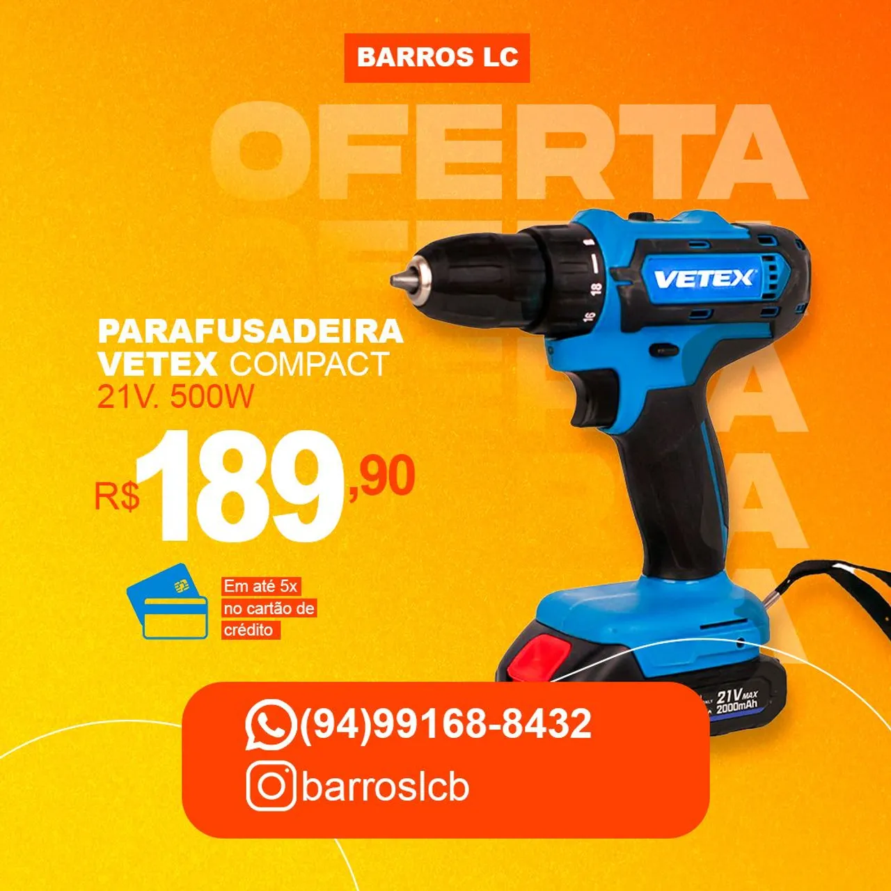 Parafusadeira VETEX COMPACT 21V. 500W - OFERTA!
