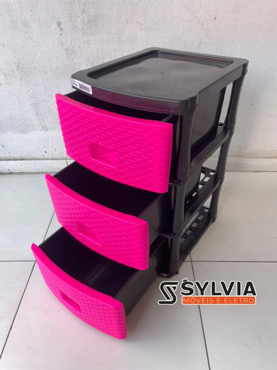 Gaveteiro 3 Gavetas Organizador Plástico Preto e Rosa