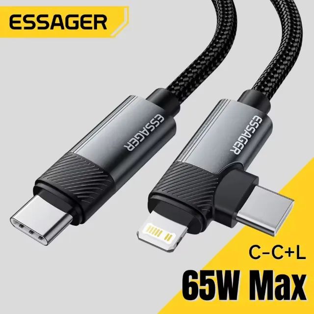 Cabo Essager 2 em 1: Tipo-C para Tipo-C e Lightning - Carregamento Rápido PD 65W e Dados!