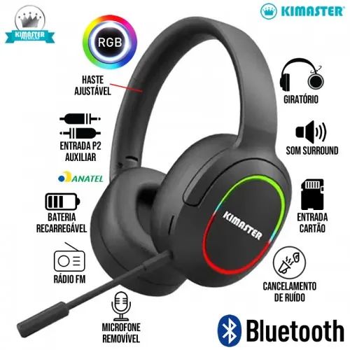 Headset gamer bluetooth com RGB com microfone removível k25 Kimaster - Foto 4