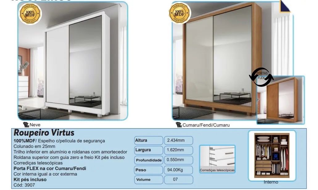 Guarda Roupa Virtus MDF com espelho 