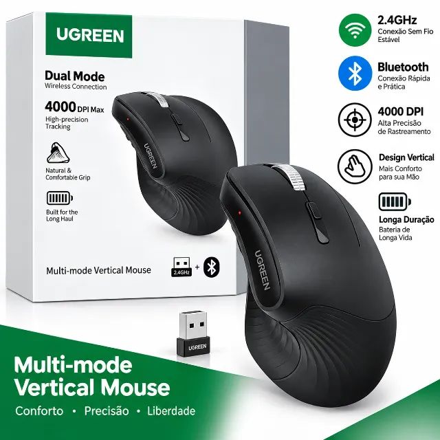 Mouse Vertical Ergonômico Sem Fio (bluetooth+wireless) - Ugreen