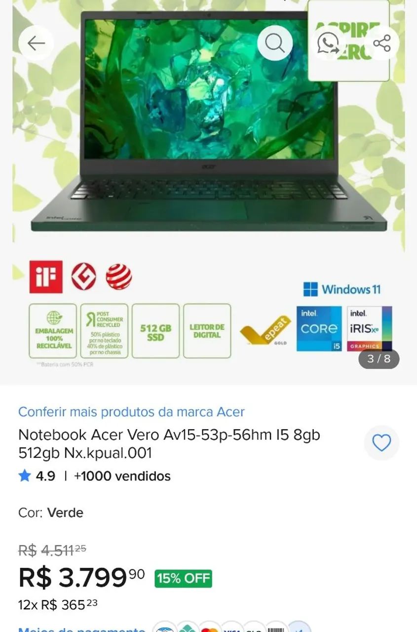 Notebook Acer Vero Av15-53p-56hm - Foto 5