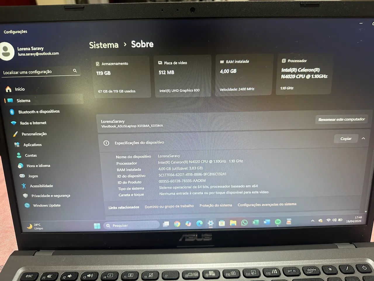 Notebook ASUS X515MA Intel Celeron 119GB  4,00GB RAM - Foto 5