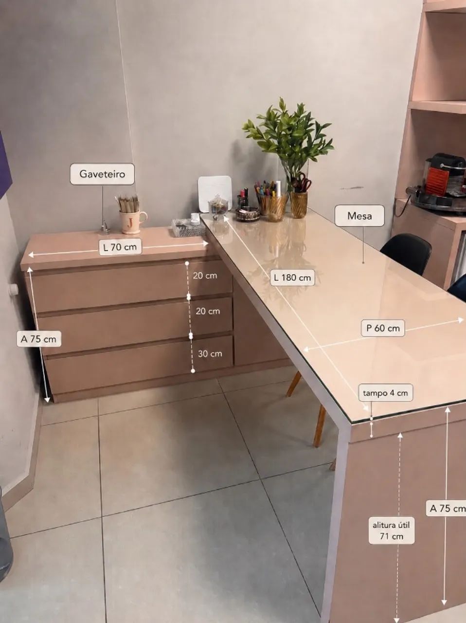 Conjunto Mesa em L + Gaveteiro