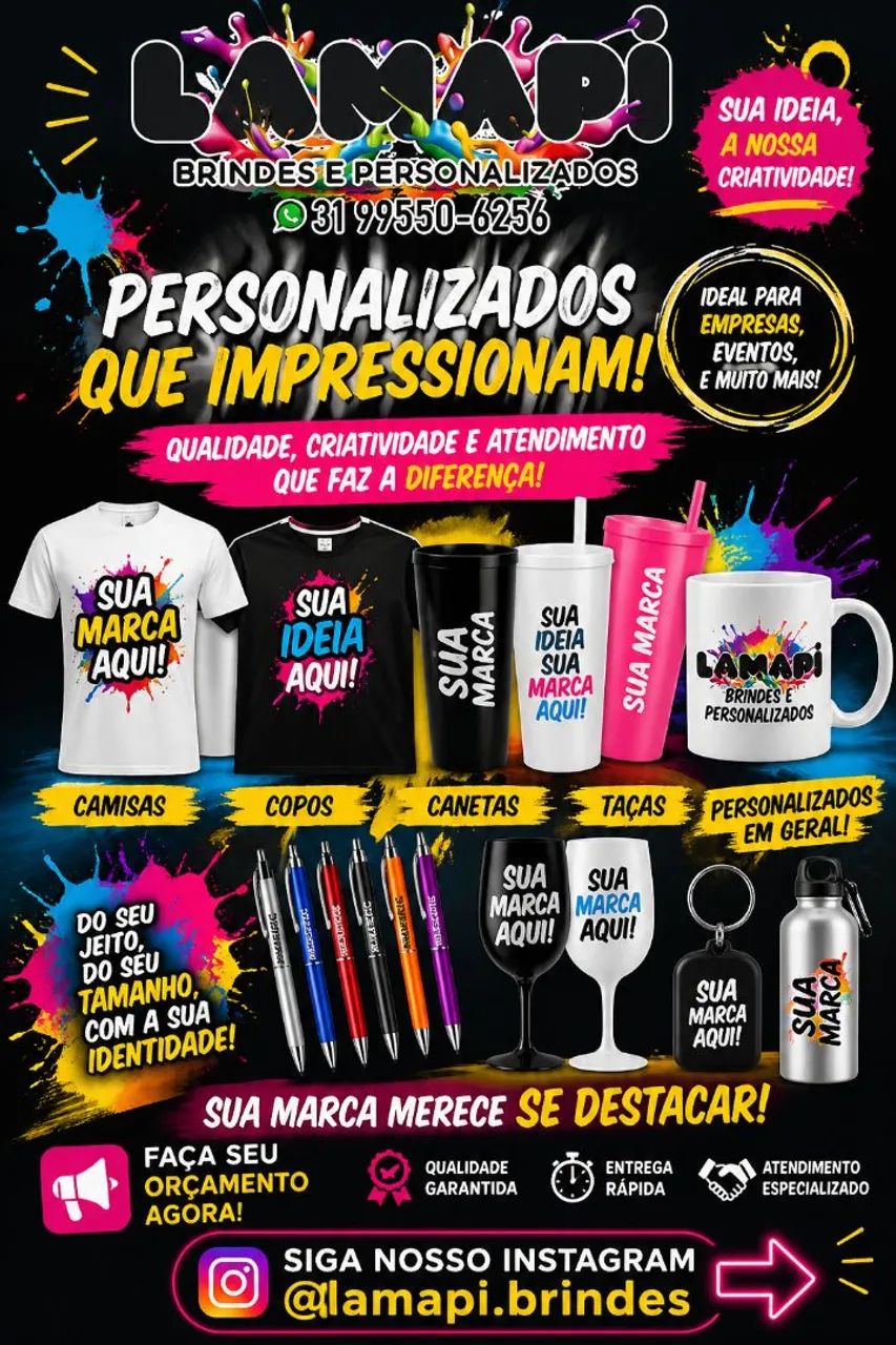 Trabalhamos com camisas canecas copos taças e personalizados em geral.