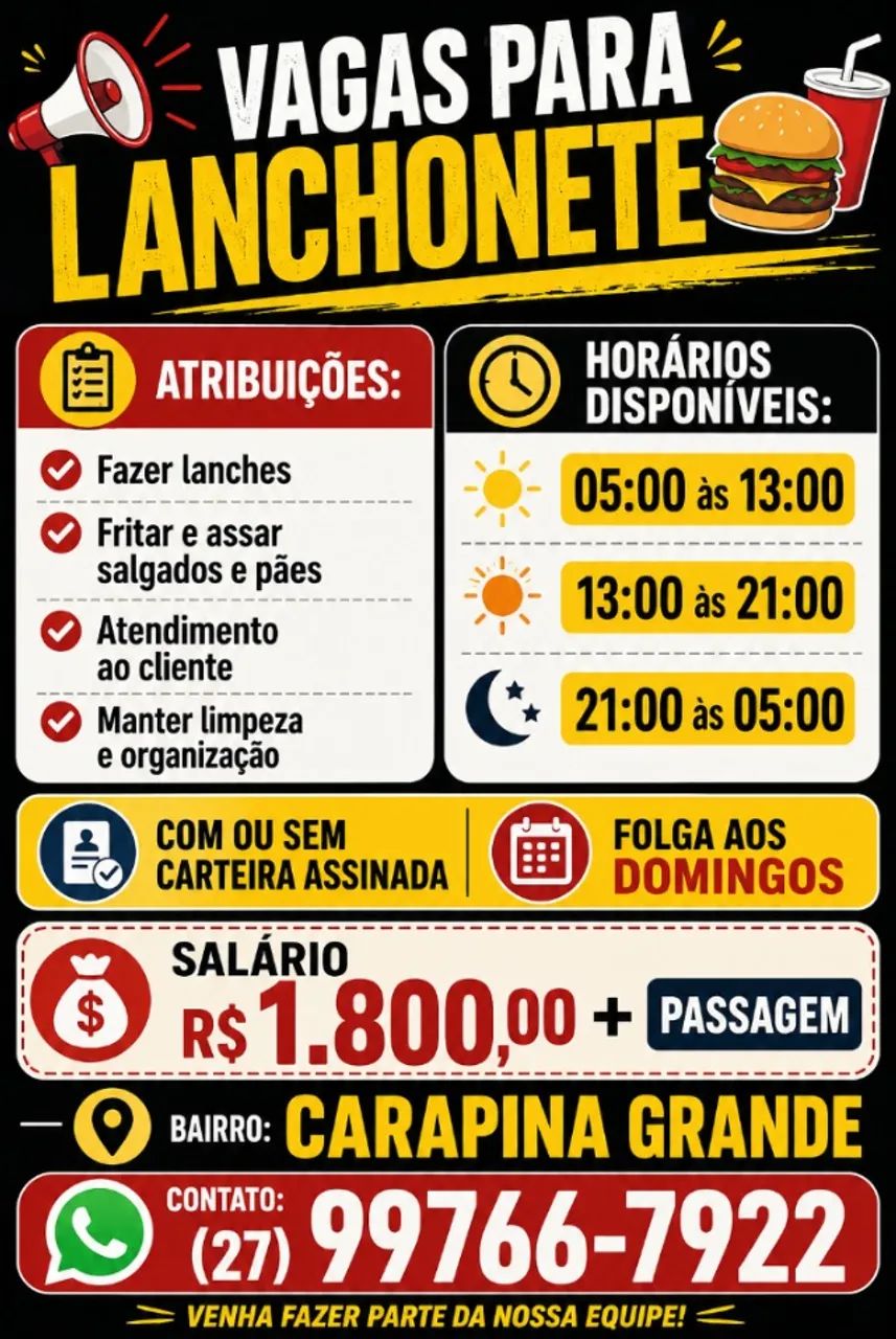 VAGAS PARA LANCHONETE
