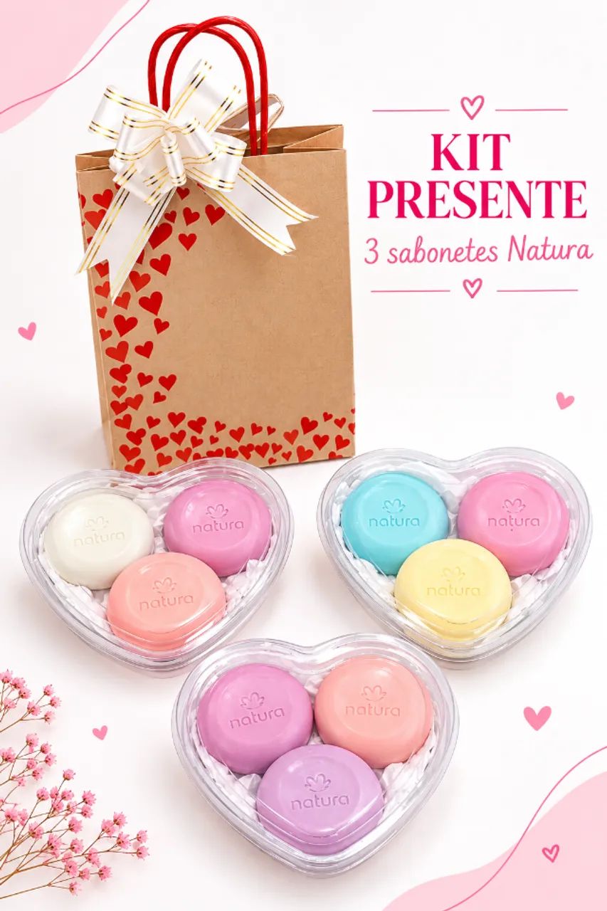 Kit Presente 3 Sabonetes Natura com Coração.