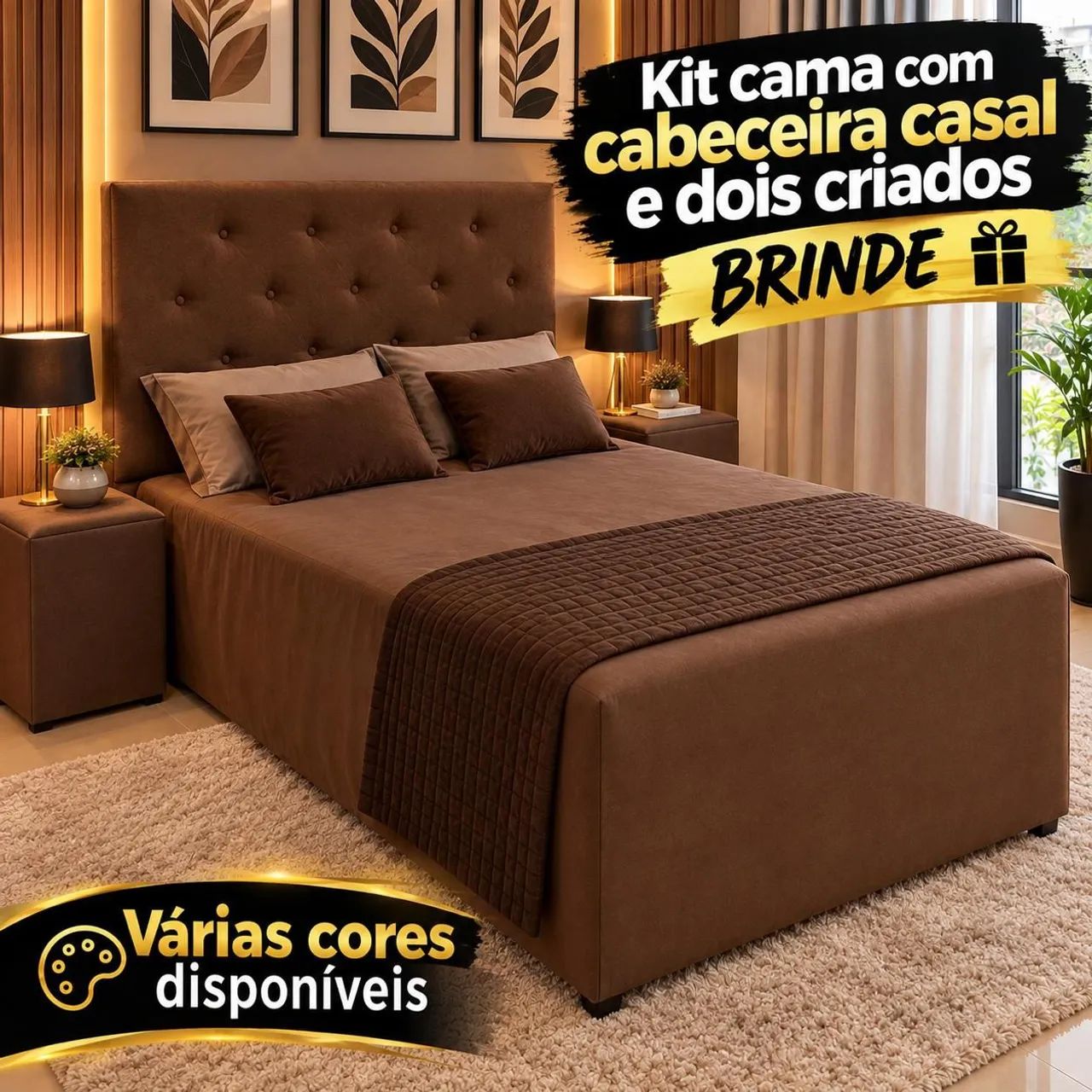 CAMA Box ACOLCHOADA + CABECEIRA + Criados Puff - Foto 4
