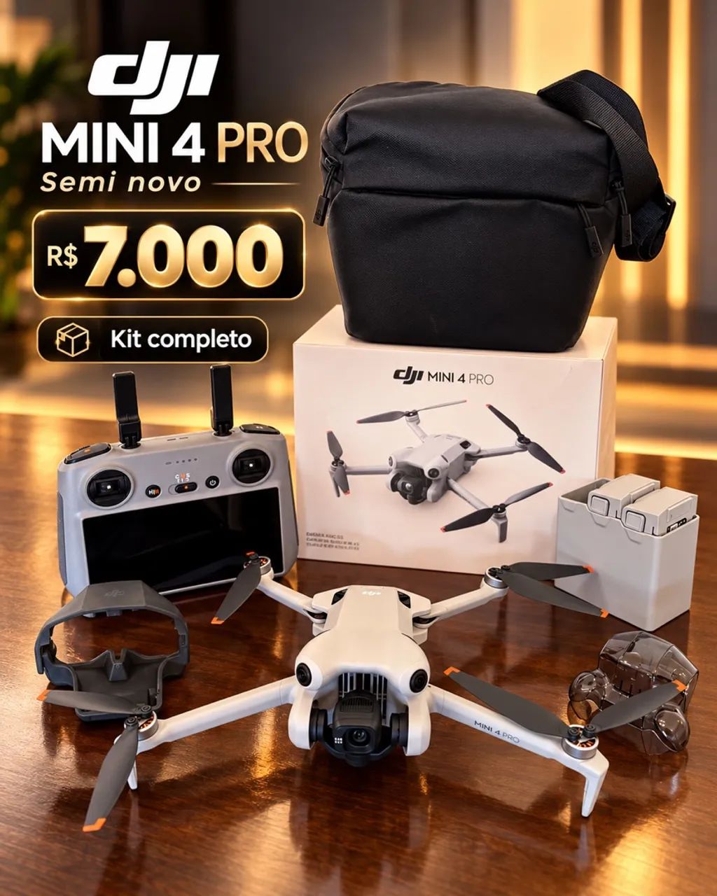 Drone DJI Mini 4 Pro 4K - Controle RC 2 com Tela + 2 Baterias Extras, Hub e Bolsa
