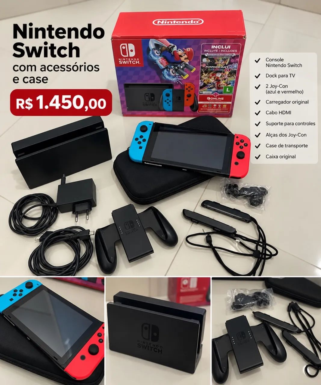 Console Nintendo switch com acessórios e case 
