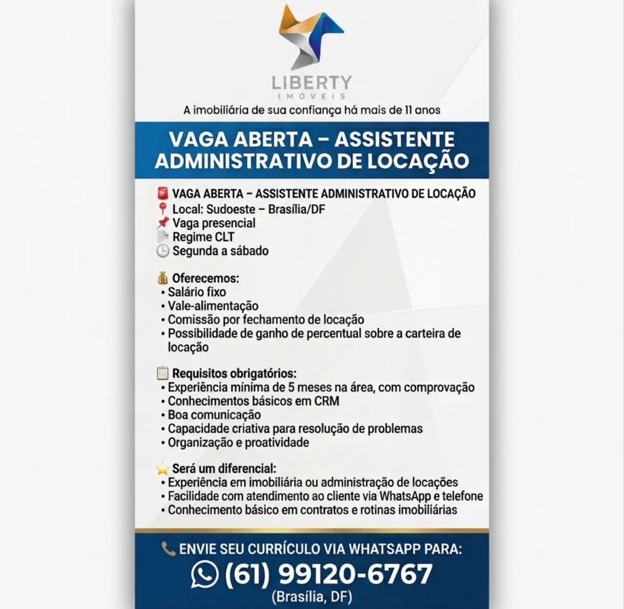 VAGA EMPREGO ASSISTENTE ADMINISTRATIVO DE LOCAÇÃO