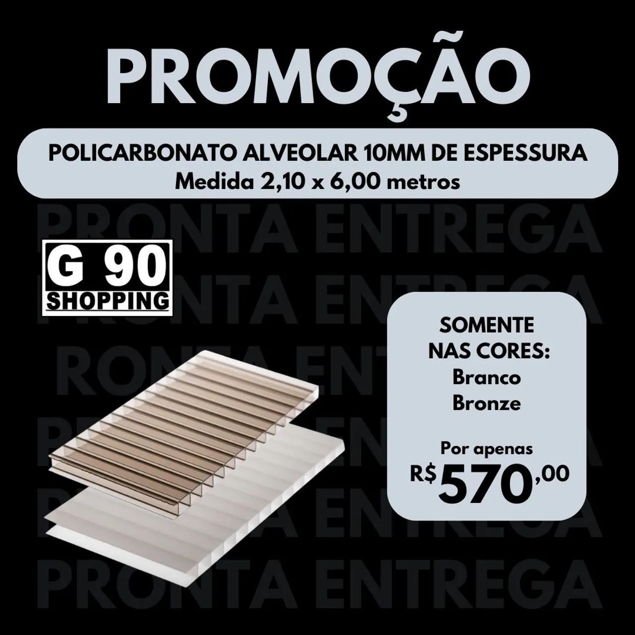 Chapa 10mm Alveolar 2.10 x 6.00 metros temos Branca e Bronze 