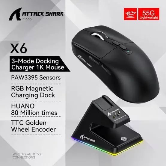 Mouse Shark X6 Sem Fio Com Dock Rgb Sensor Paw3395 Tri-mode Lacrado  - Foto 2