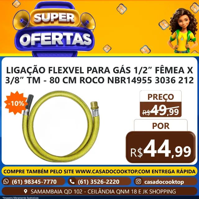 LIGAÇÃO FLEXVEL PARA GÁS 1/2? FÊMEA X 3/8? TM - 80 CM ROCO NBR14955 3036 212