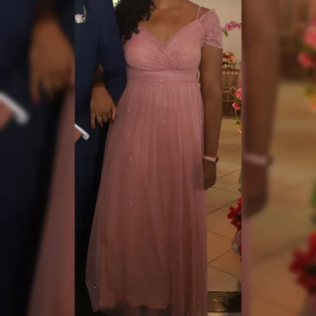 Vestido de Festa Rosê em Tule com Brilho - Tamanho G, Usado 1x
