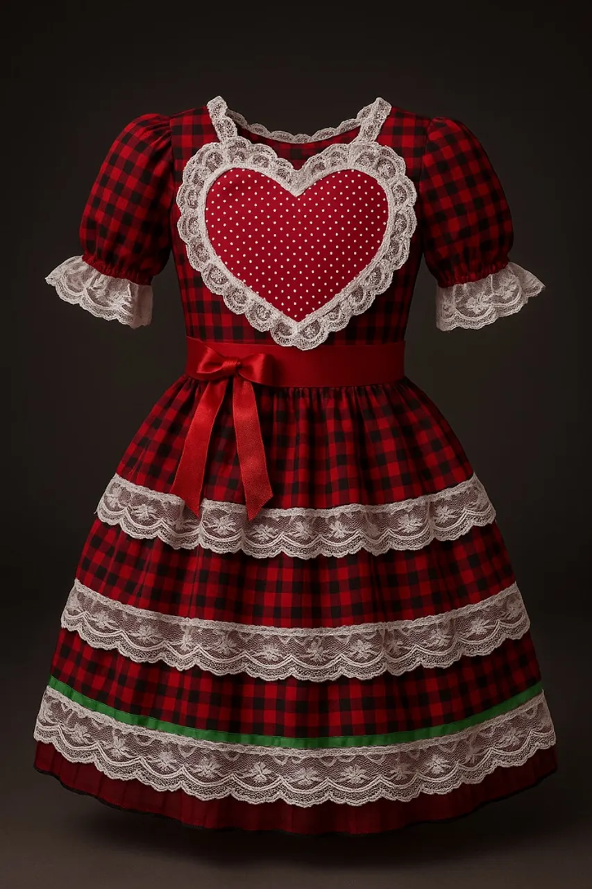 Vestido Xadrez Vermelho com Detalhes de Coração