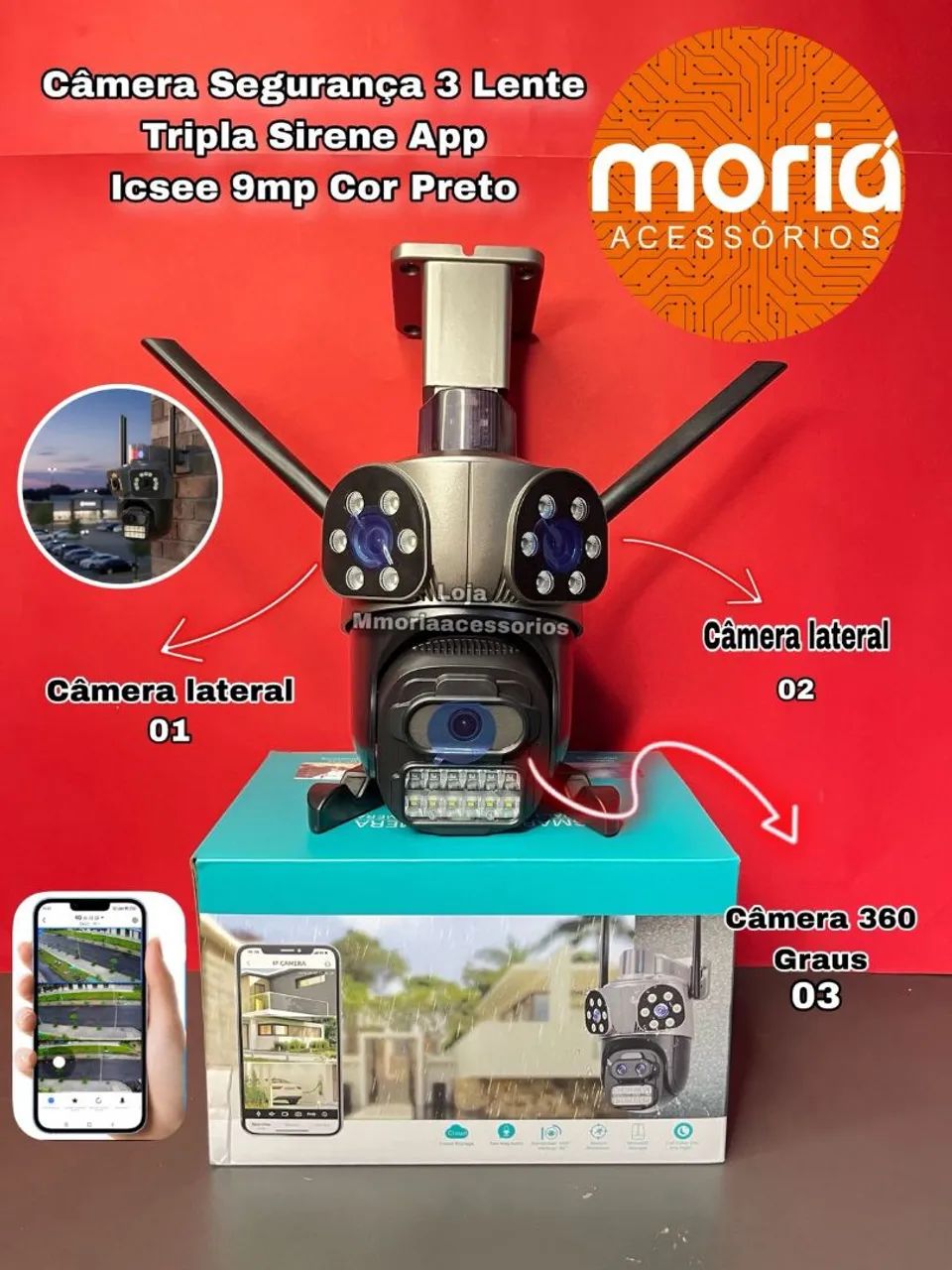 Câmera Wifi Ip66 Full Hd 3 Lentes Icsee Com Áudio Detecção Movimento 