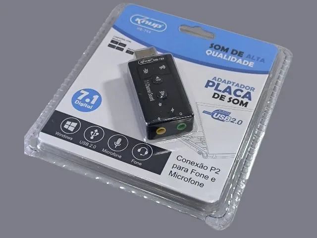 Placa de Som USB Externa Knup 7.1 com Entrada P2 Fone e Microfone