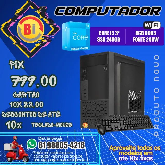 Pc Intel I3 3º Geração 8gb Ssd 240gb Teclado E Mouse Usb Wifi - Em ate 10x Fixas 